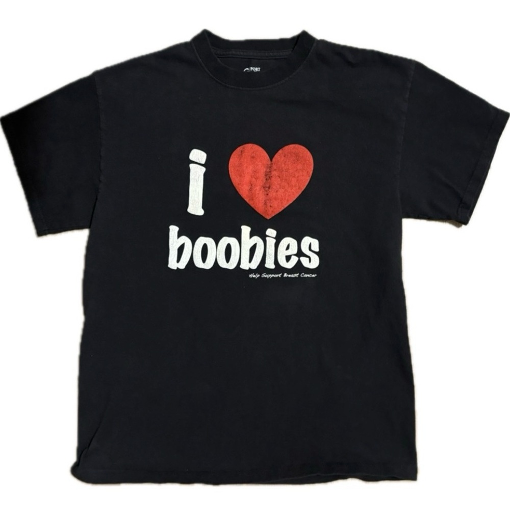 Vintage I HEART BOOBIES Black Red White Short Sleeve Tee Breast Cancer Support